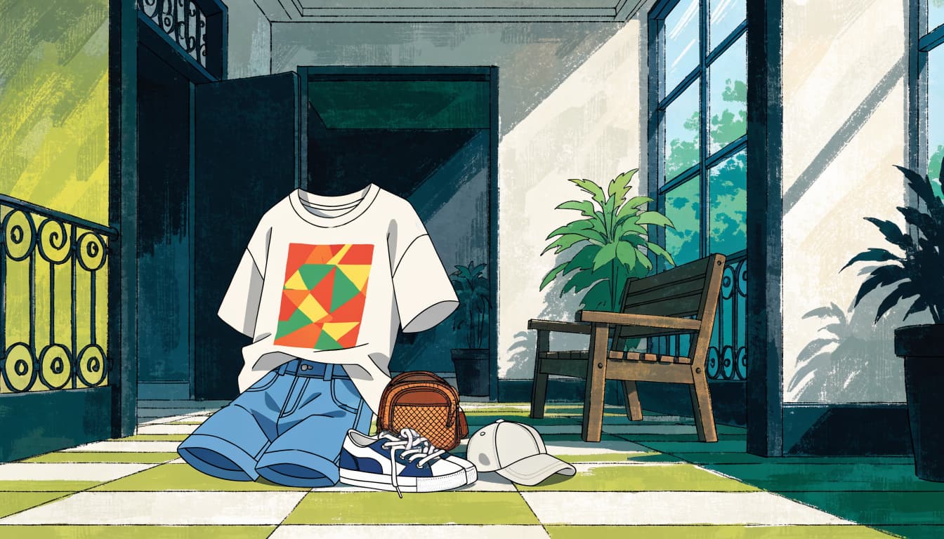 A tee, shorts, canvas shoes, bag, and cap arranged beside a bench and plants.