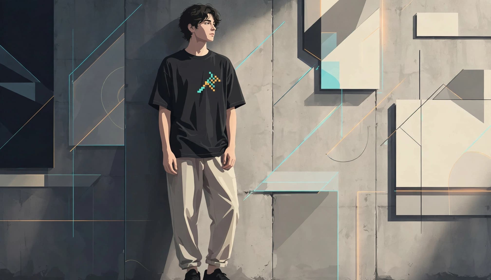 Young adult wearing a relaxed graphic tee against a concrete wall.