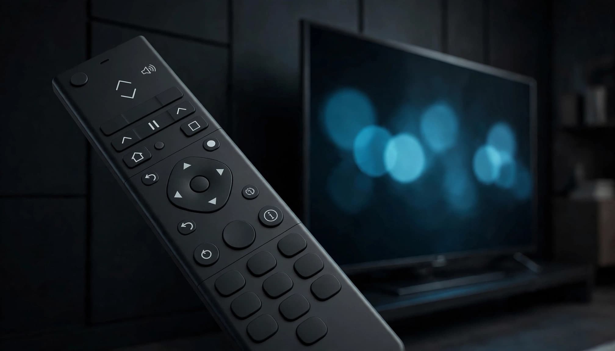 A remote control sits beside an angled television in a dark living room.