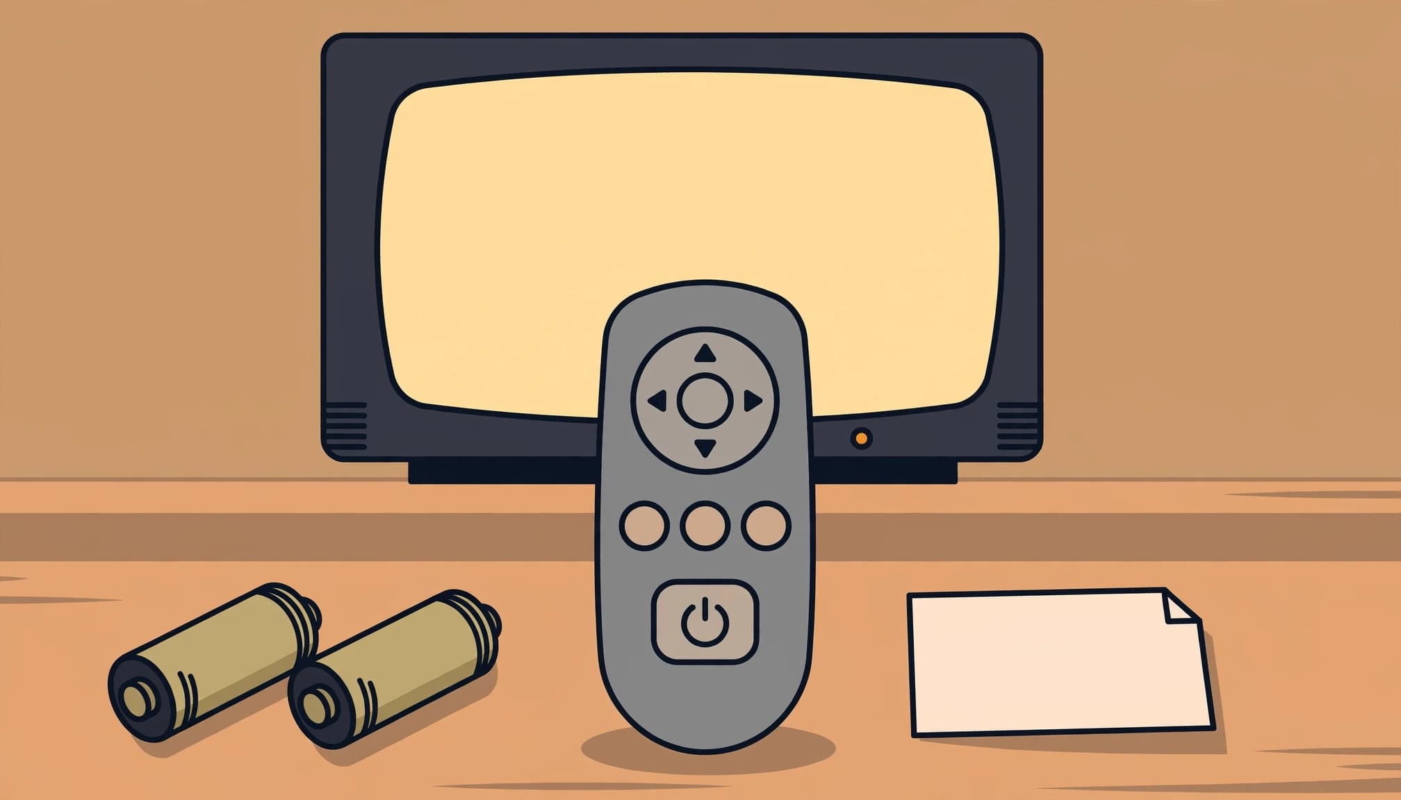 A remote sits in front of a television, beside two batteries and a blank card.