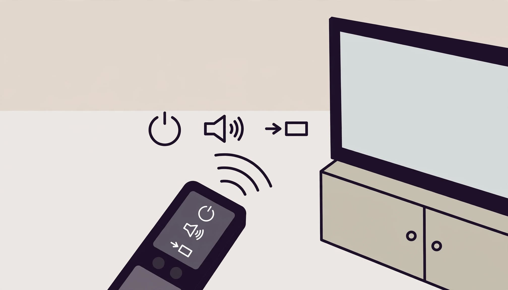 A remote points toward a blank TV, with signal waves and control icons nearby.