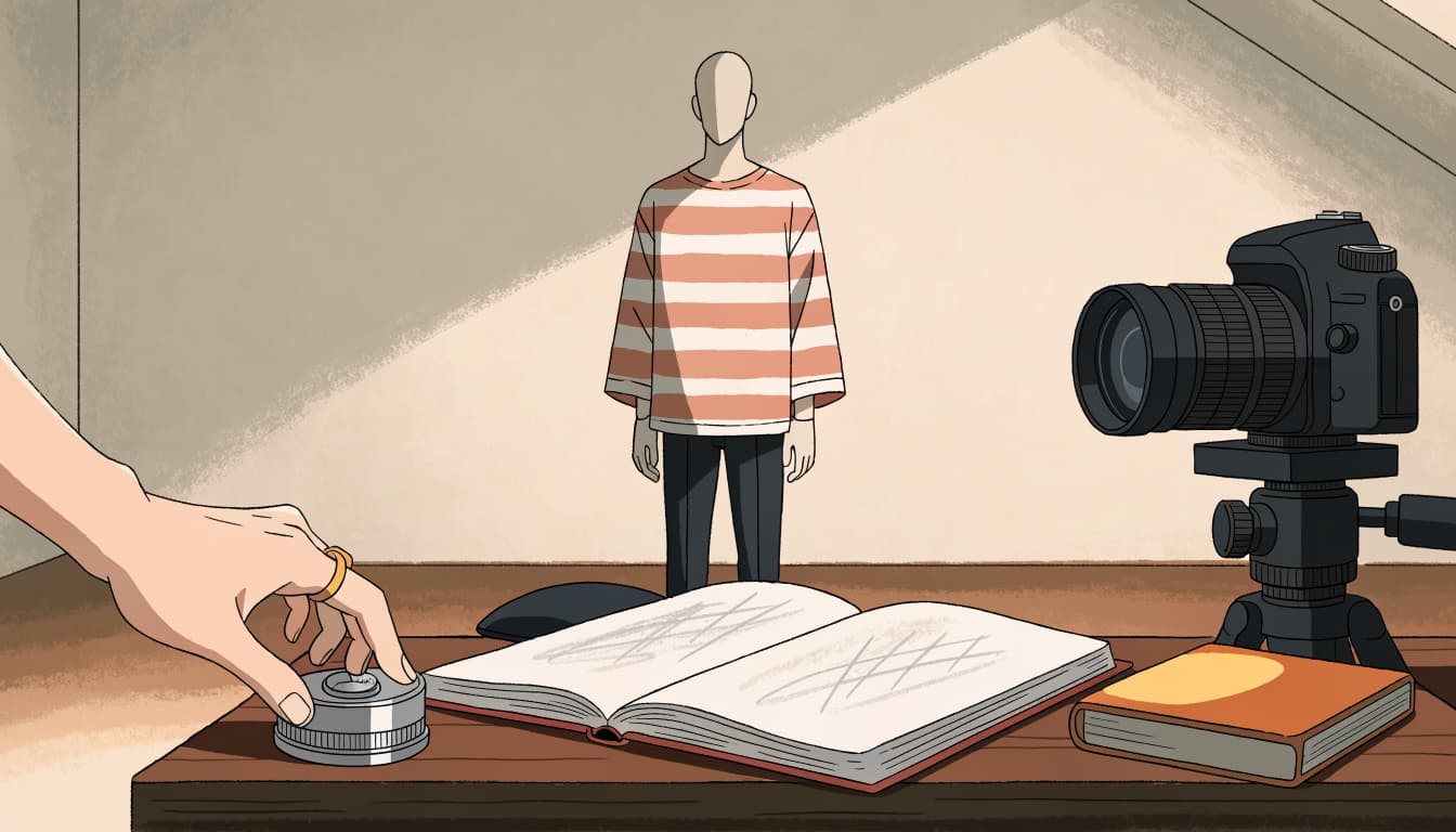 An anime-style illustration of a hand pressing a timer next to a sketchbook, camera, and a mannequin in the background.