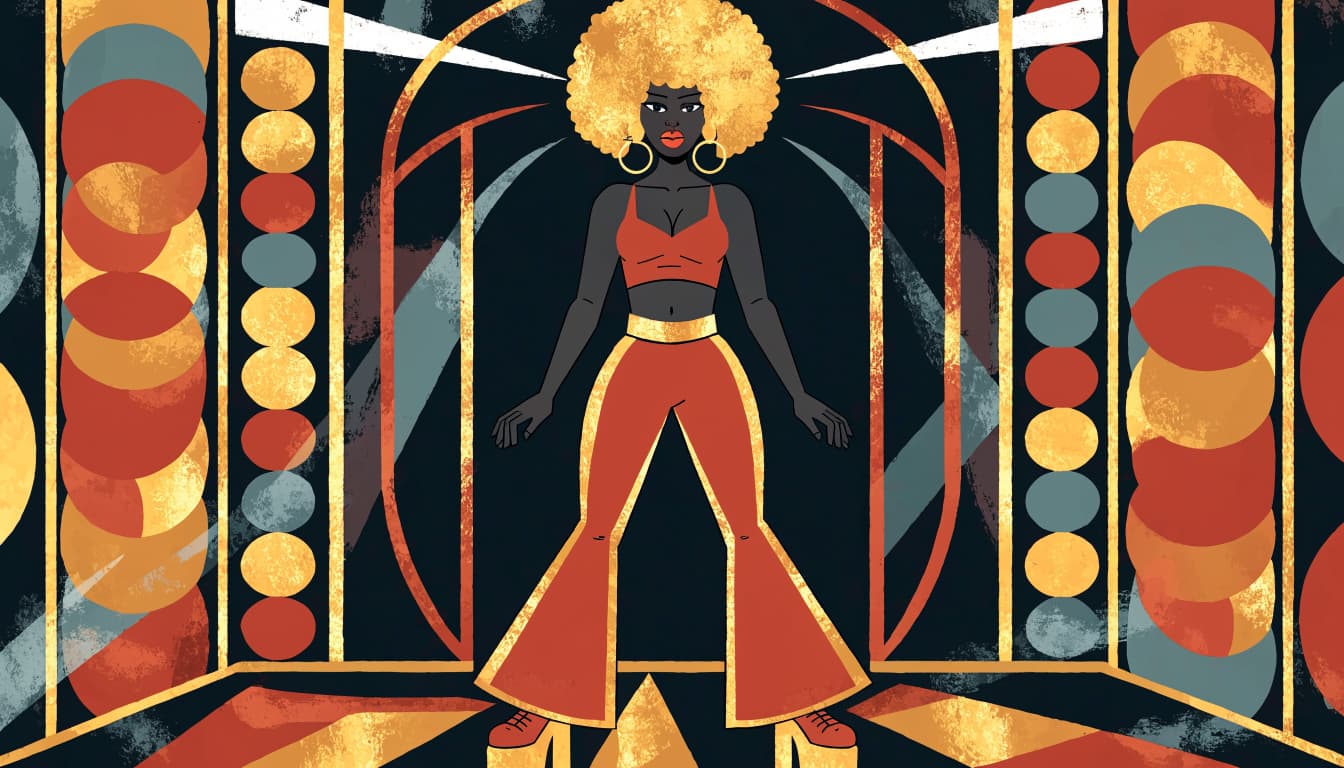 A figure in a rust-orange flared outfit poses beneath retro disco lights.