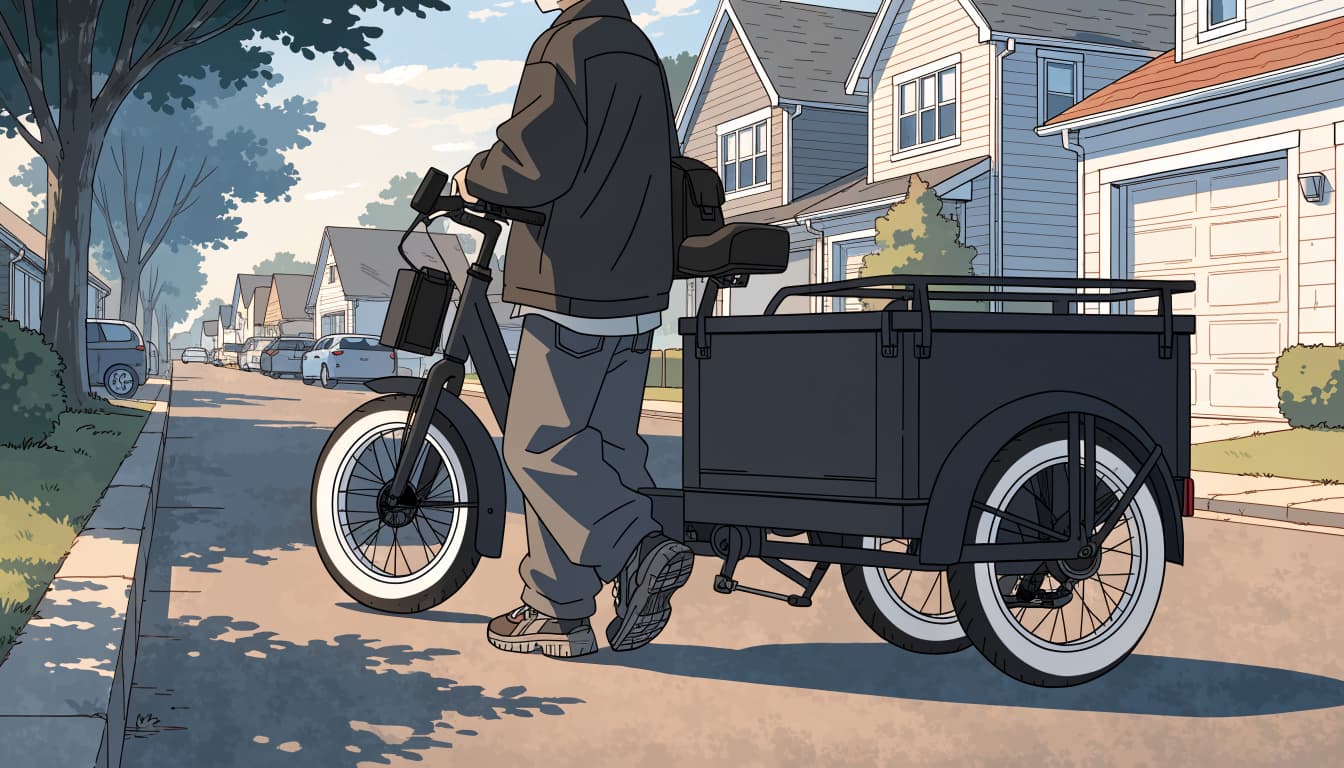 A rider walks a utility-style electric cargo bike along a quiet, tree-lined street.