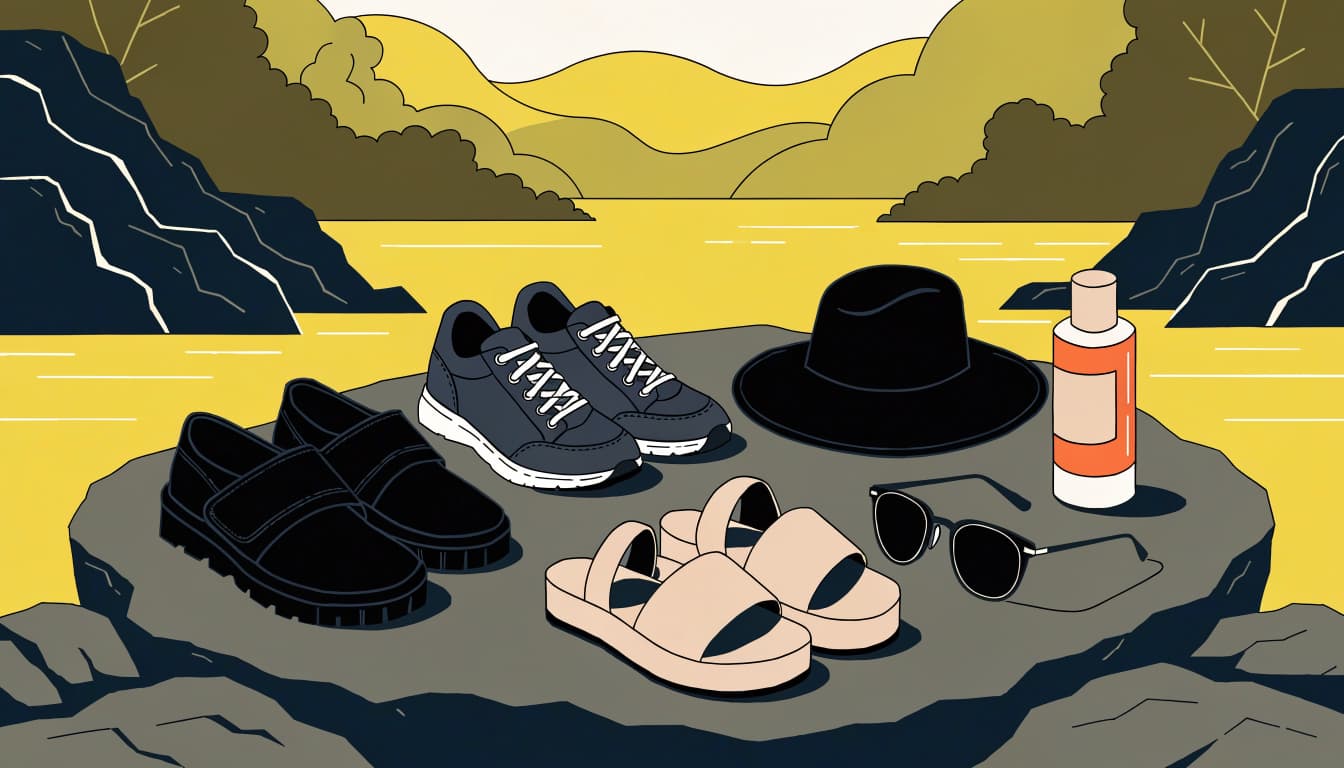 Footwear, a hat, sunglasses, and sunscreen arranged on a rock beside a river.
