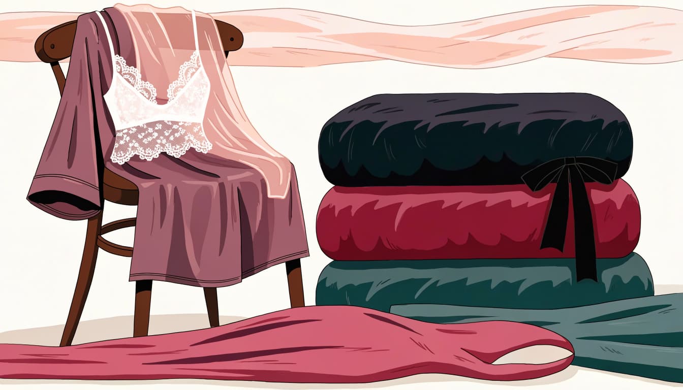 A robe, camisole, mesh layer, and velvet swatches arranged beside a chair.