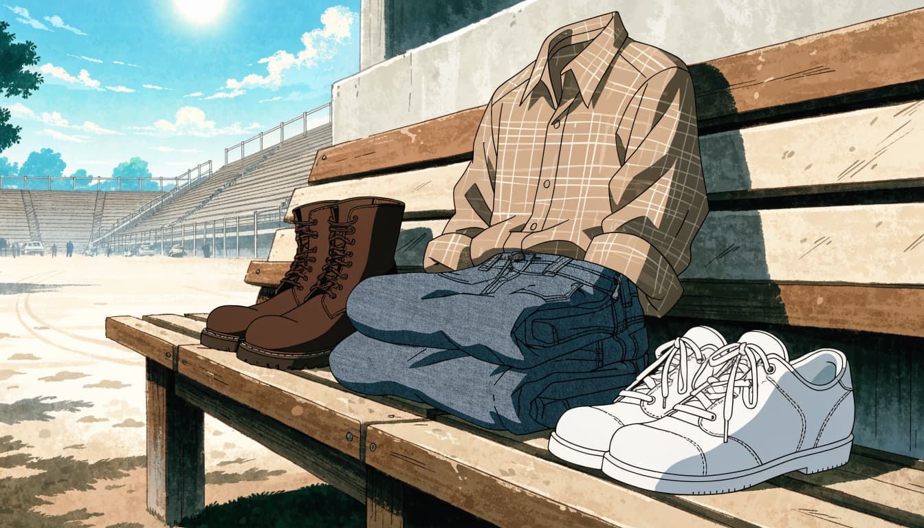 Jeans, a plaid shirt, boots, and sneakers rest on a bench near a rodeo arena.