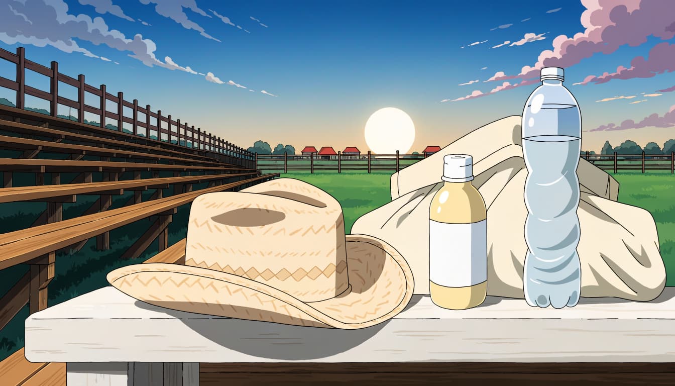 A hat, sunscreen, water bottle, and folded shirt sit on a bench at an outdoor rodeo.