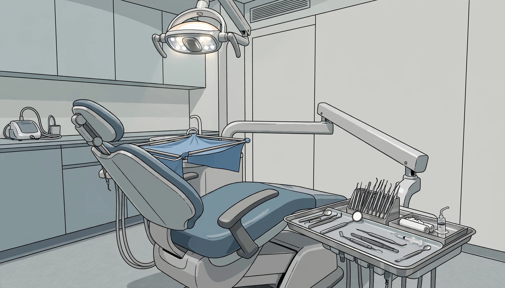 Dental chair with a dental dam frame and instruments under a bright treatment light.