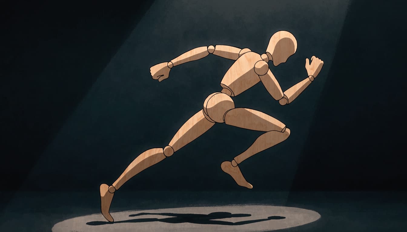 A wooden artist mannequin in a dynamic running pose under a spotlight against a dark background.