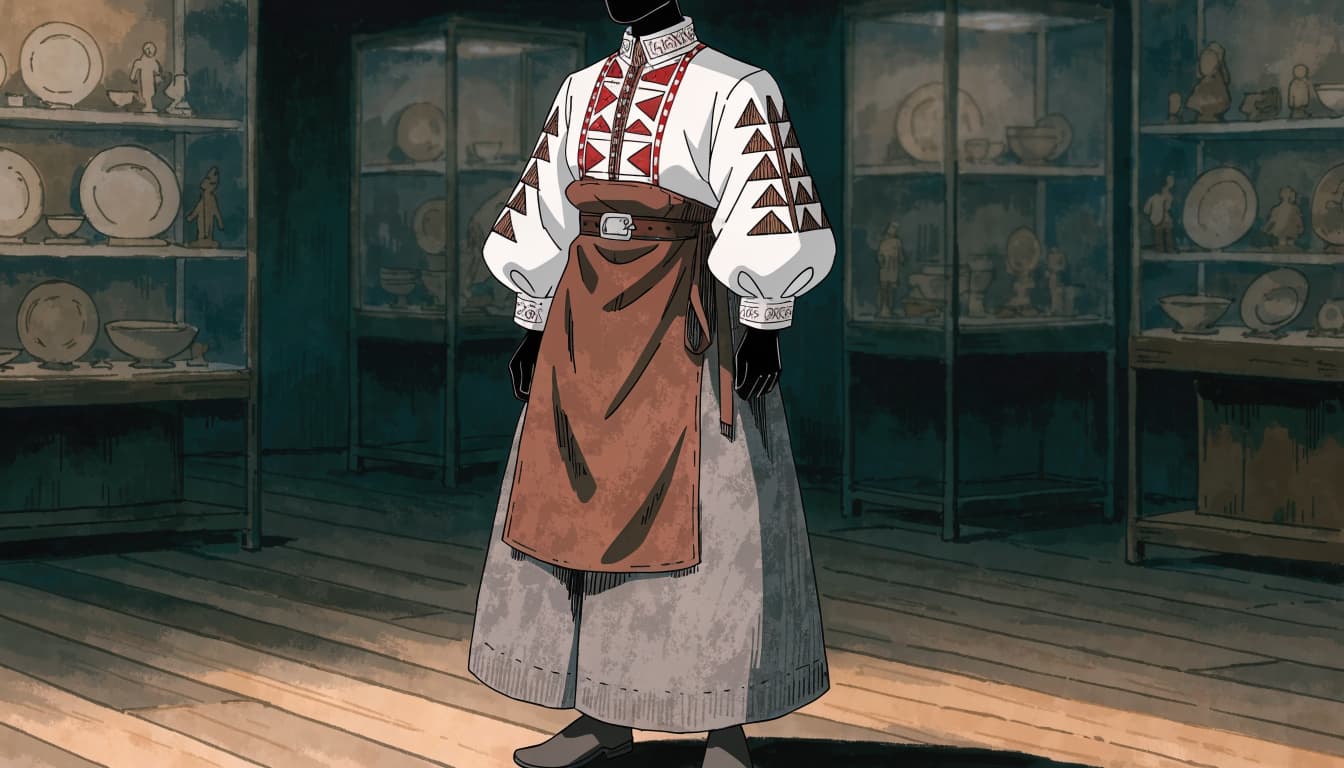 A mannequin wears a red sarafan, embroidered white shirt, apron, and belt in a museum.