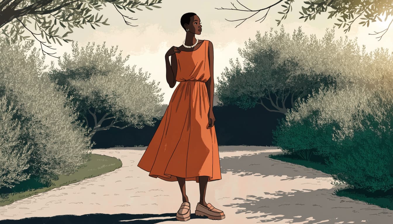 A woman in a rust-colored dress stands on a garden path among olive foliage.