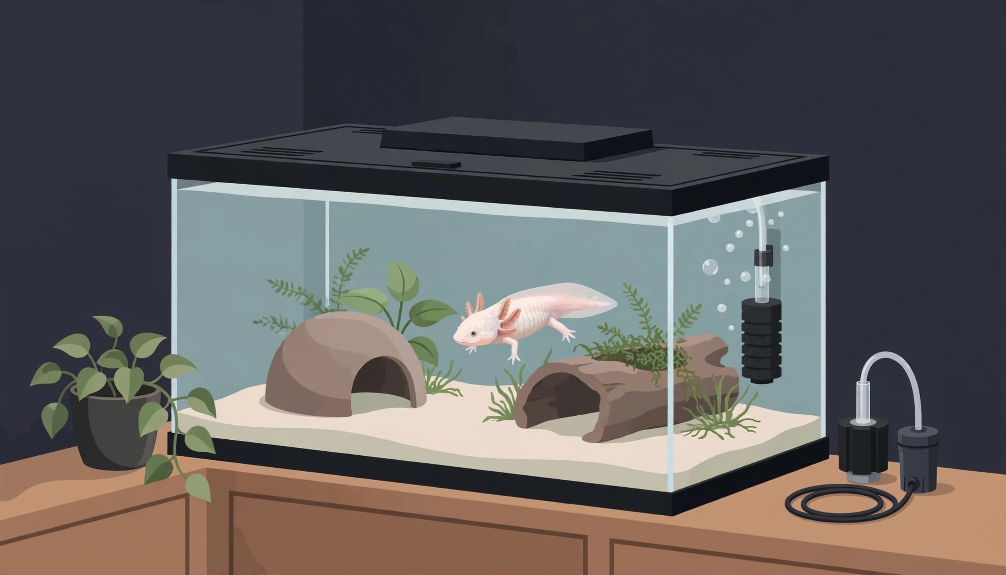 A tidy axolotl aquarium with two hides and a gentle sponge filter.