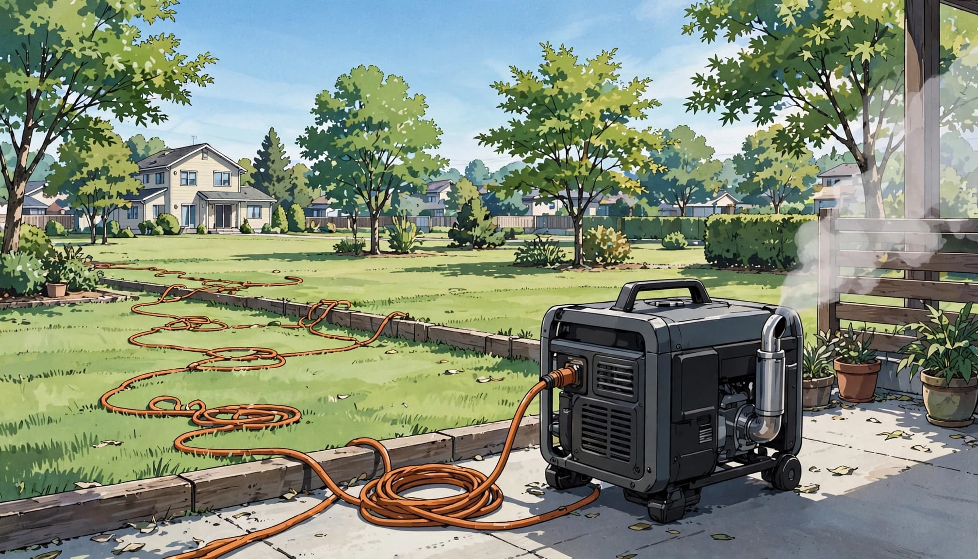 A generator stands far from a home, with its exhaust pointed away and a cord running toward the house.