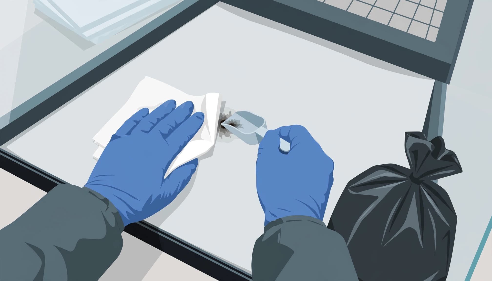 Gloved hands clean a reptile enclosure with paper towels and a scoop beside a sealed waste bag.