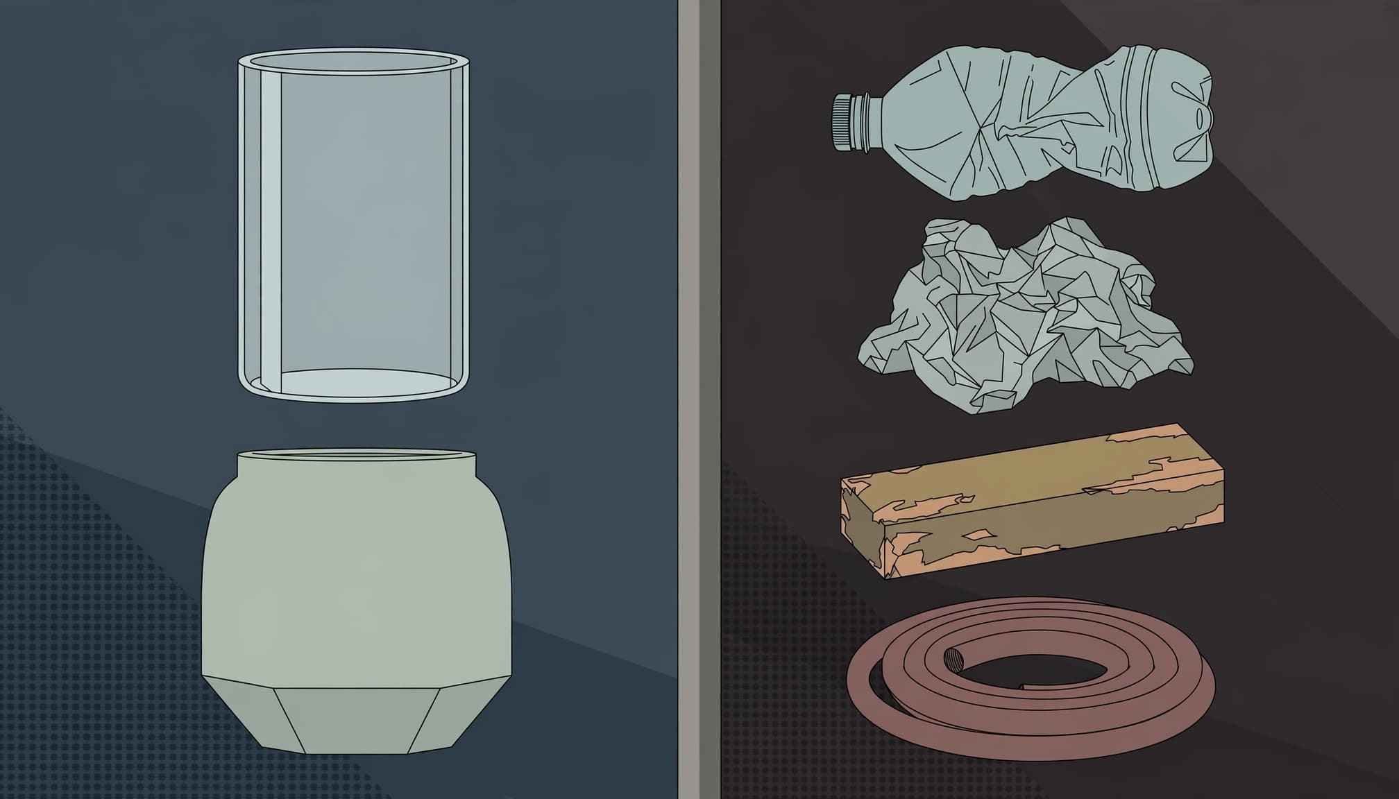 Glass and ceramic are separated from plastic, foil, painted wood, and rubber materials.