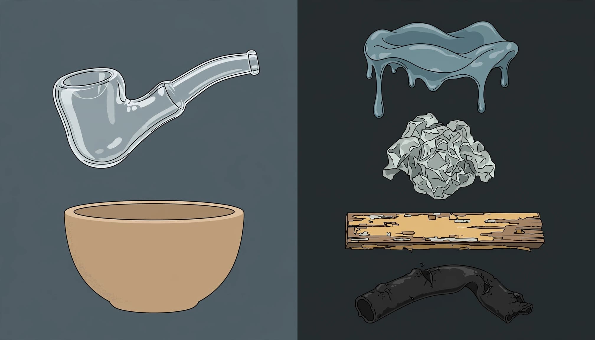 Illustration comparing glass and ceramic with plastic, foil, painted wood, and rubber.