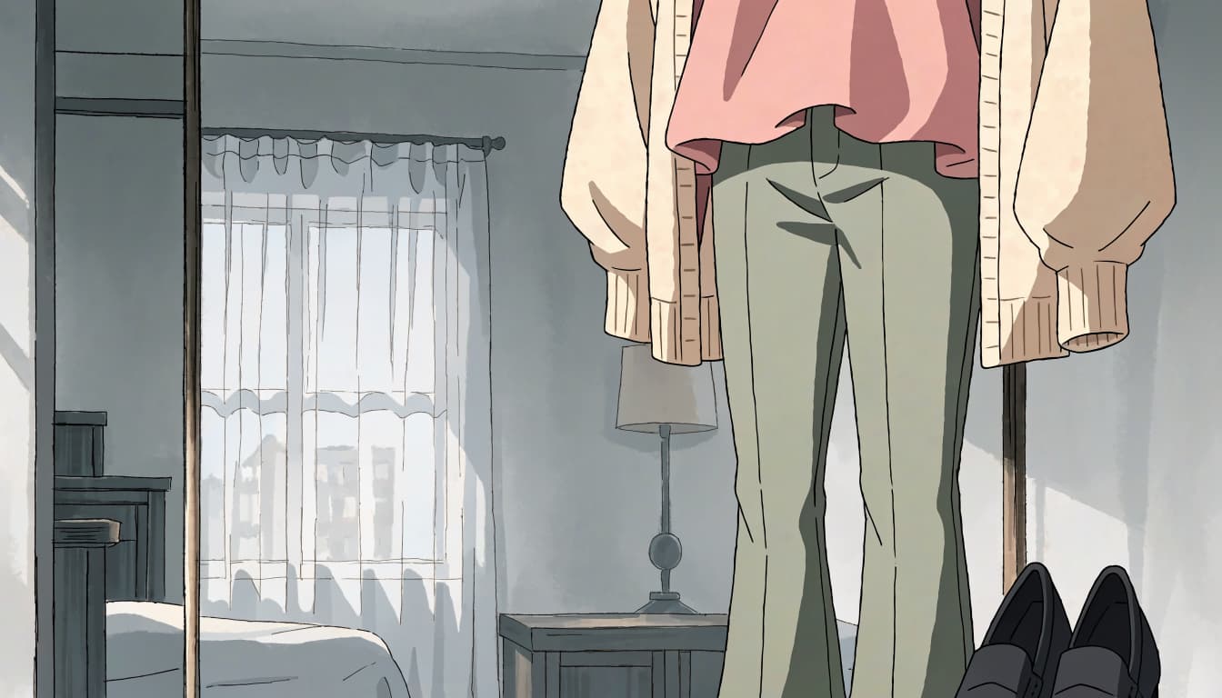 Sage trousers, a pink top, and cream cardigan hang above charcoal loafers.