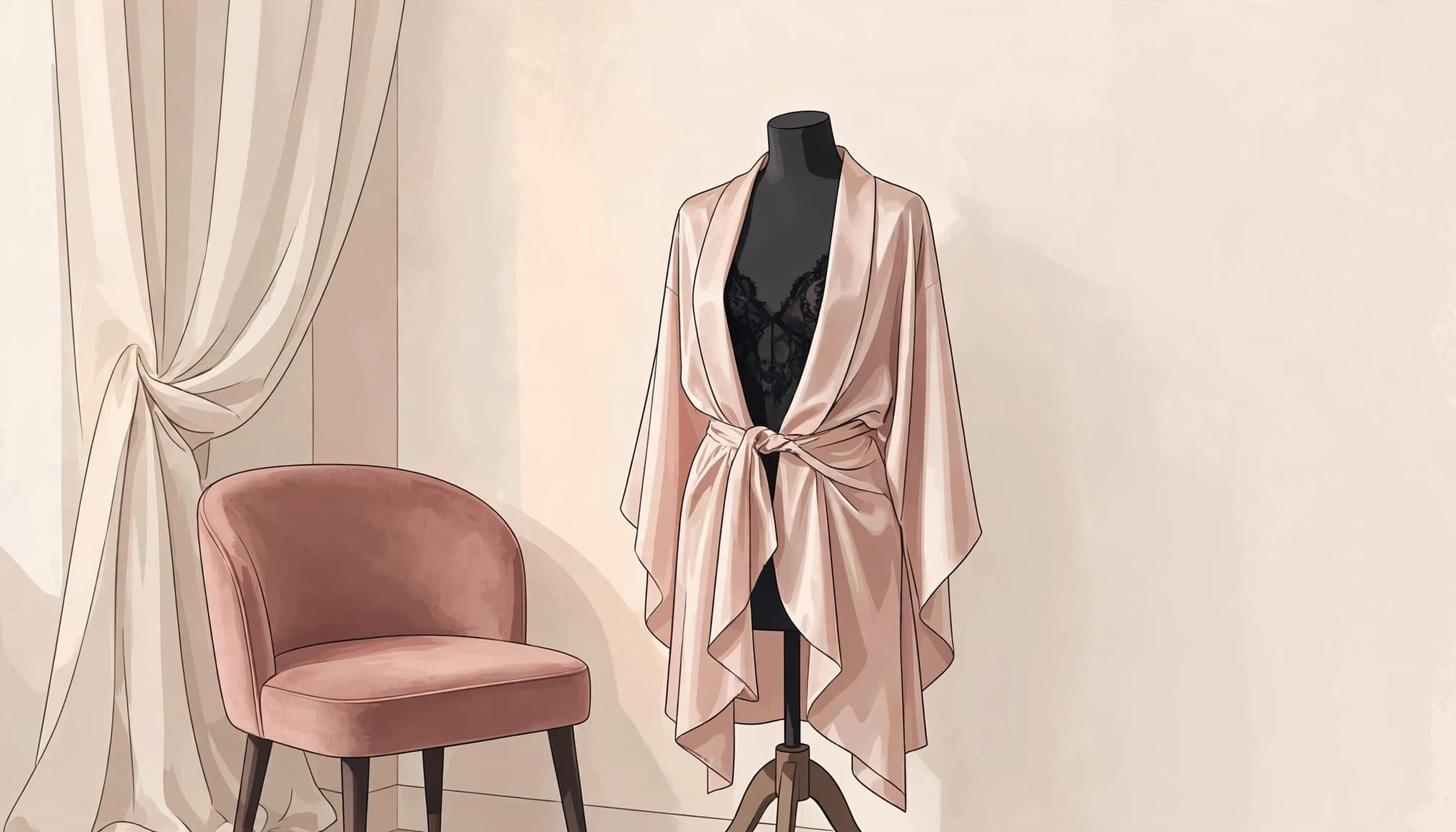 A rose satin robe draped over a mannequin beside a velvet chair.