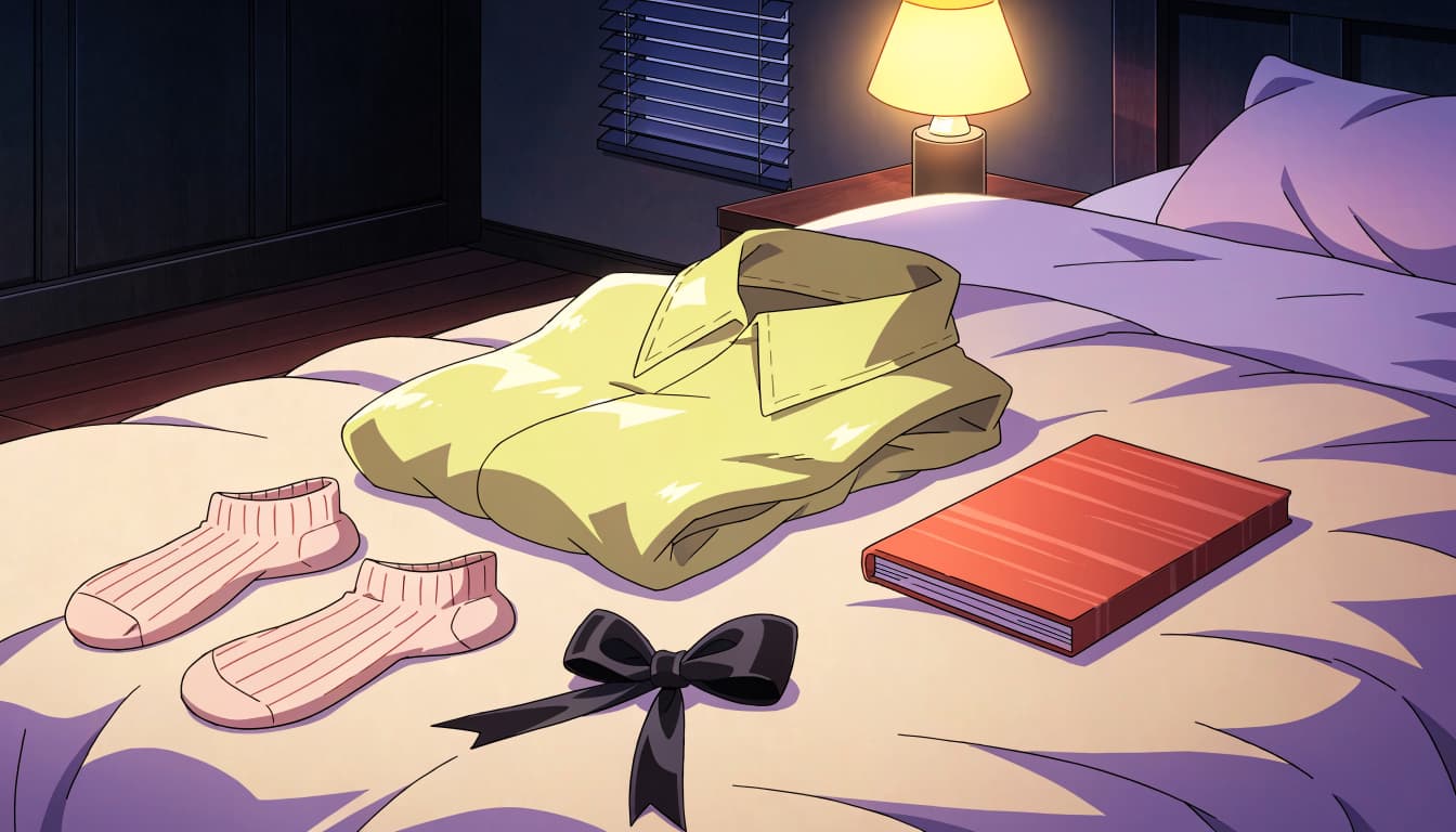 Folded satin sleepwear, socks, a bow, and a closed journal sit on a bed.