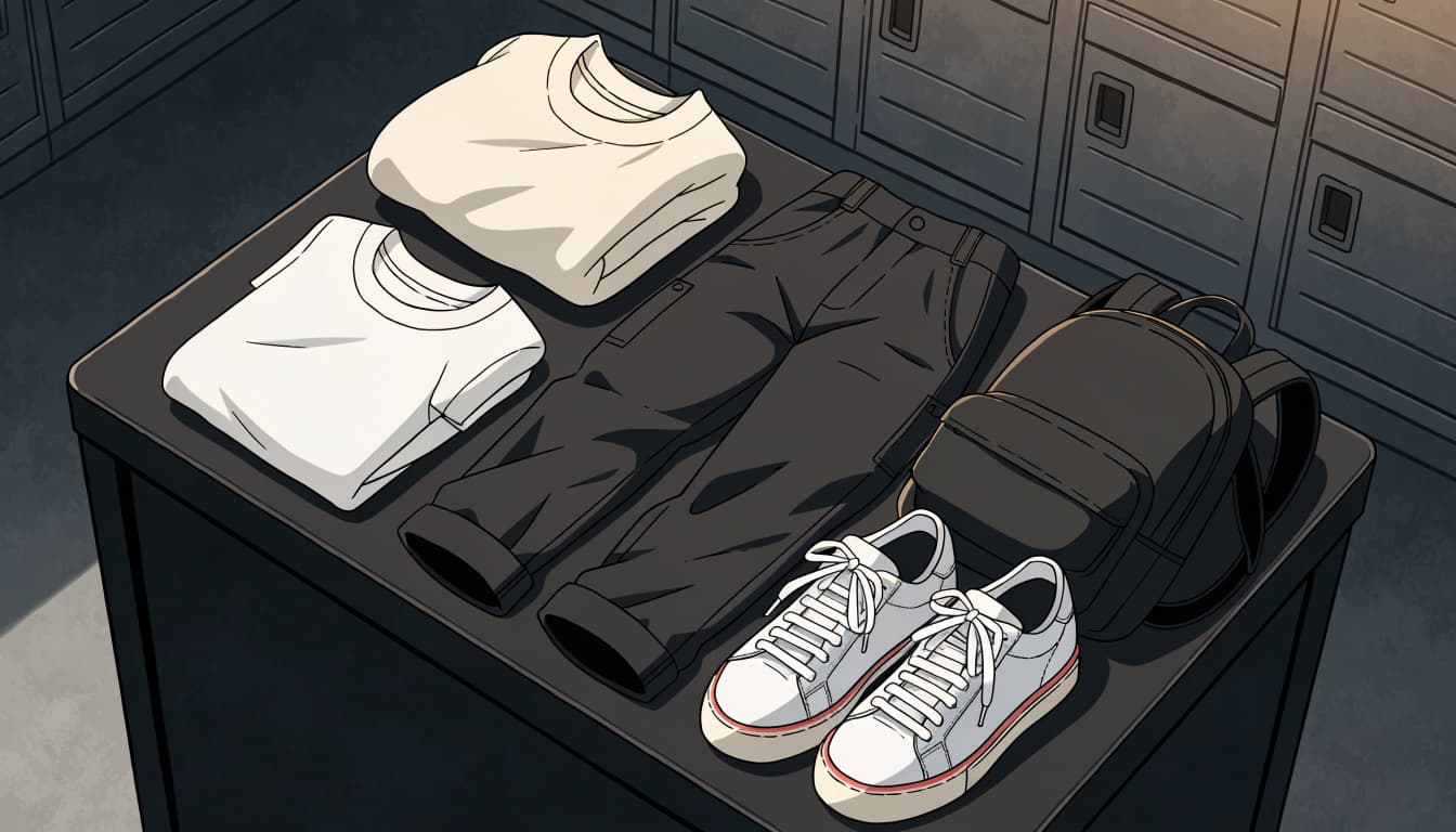 A sweatshirt, tee, cargo pants, sneakers, and backpack arranged on a dark bench.