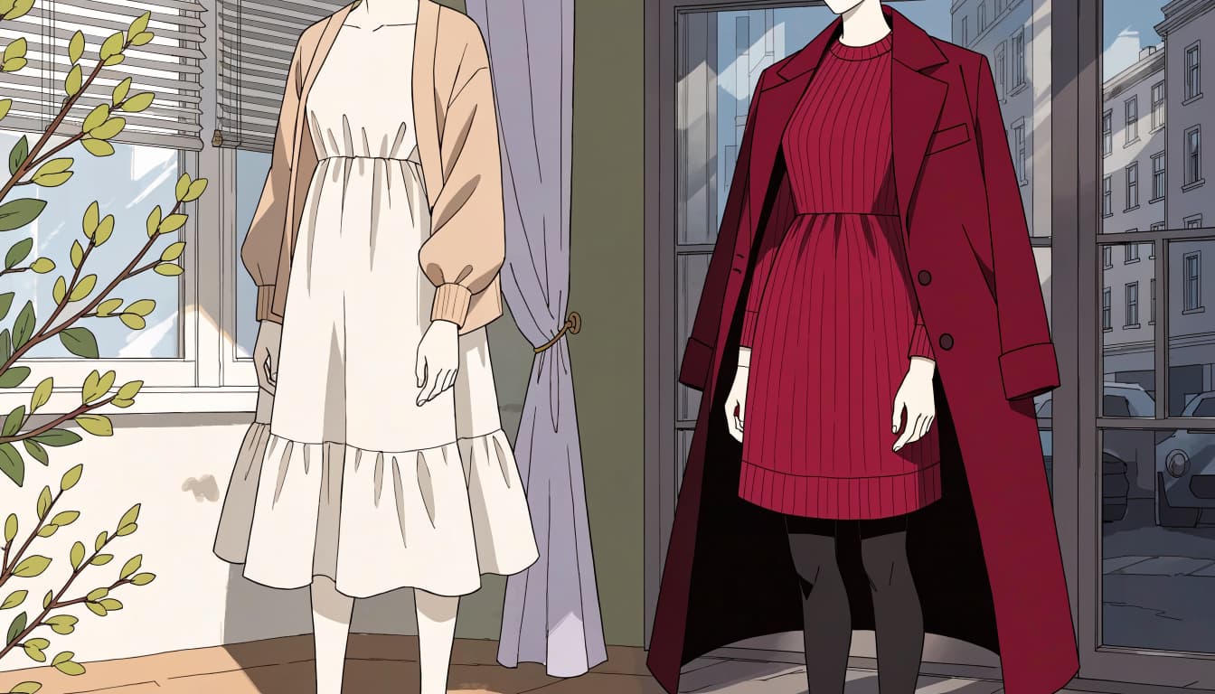 Two mannequins show layered church outfits for spring and winter.
