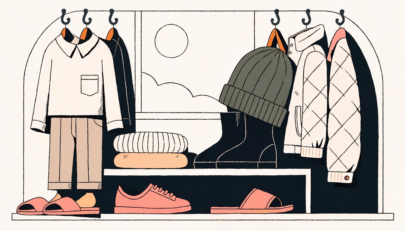 An illustrated wardrobe with layered clothing, boots, sandals, and a sunlit window.