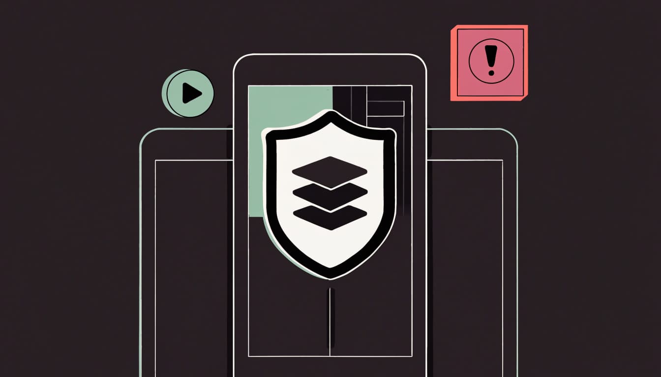 A shield protects a phone, with a warning symbol beside a separate app tile.
