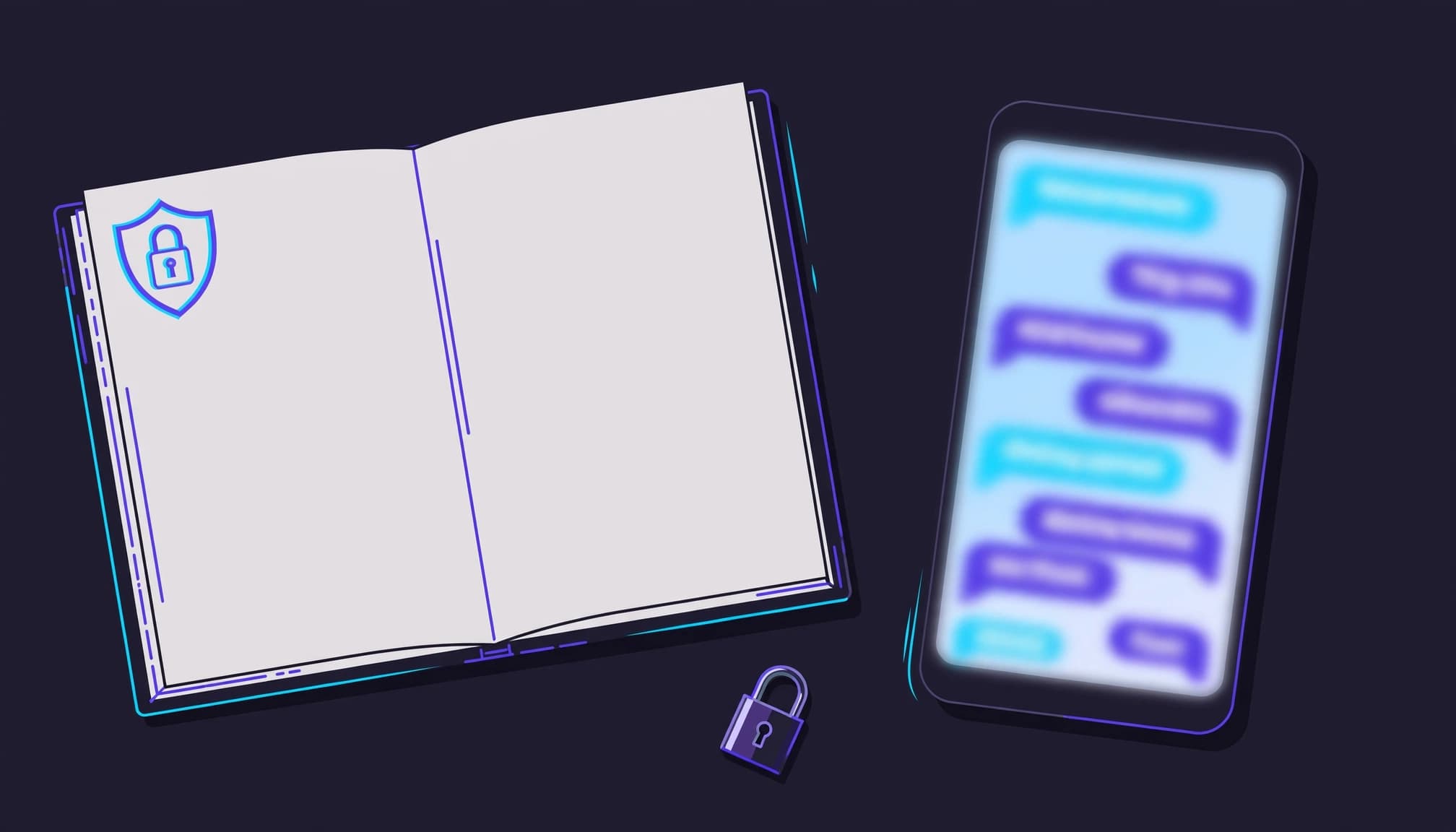 An open notebook and smartphone with a blurred chat screen beside a small lock.