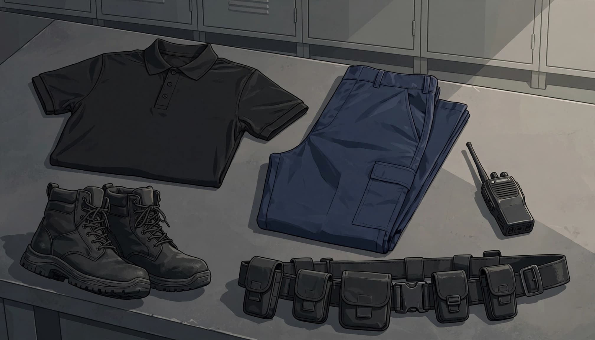 A black polo, navy trousers, boots, radio, and utility belt arranged on a locker room bench.