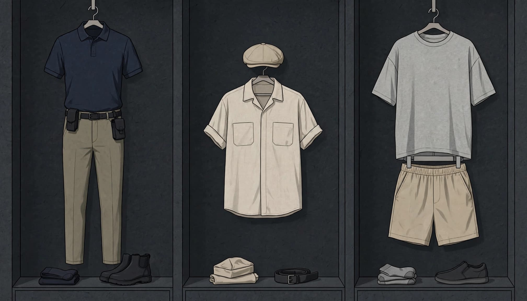 Three separate outfits display a polo and trousers, a shirt and cap, and a tee with shorts.