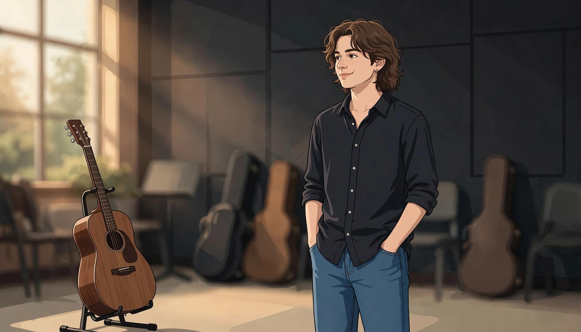 A senior in a dark shirt and jeans stands beside a guitar in a rehearsal room.