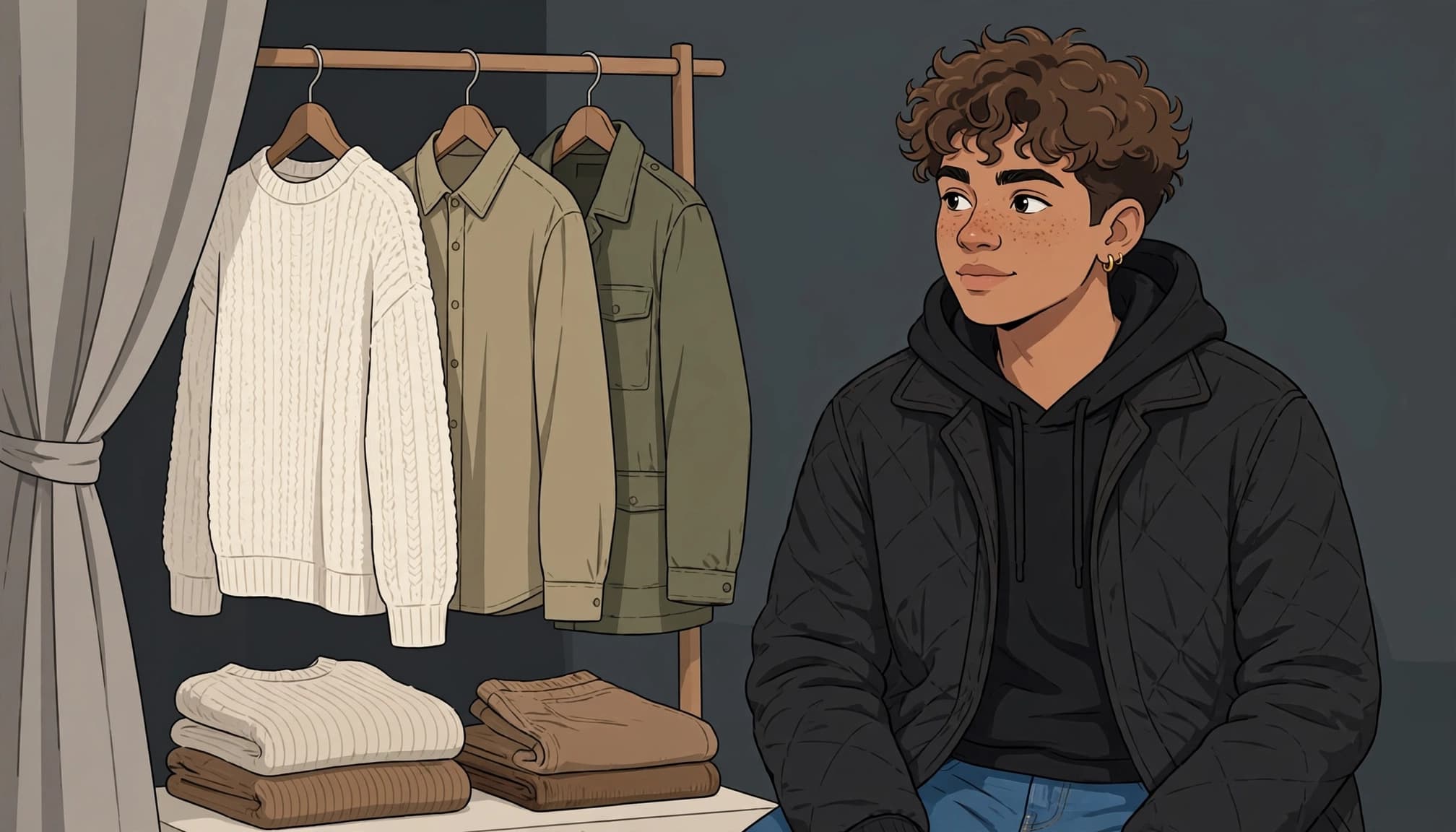 A senior in a dark jacket and jeans stands beside portrait outfit options.