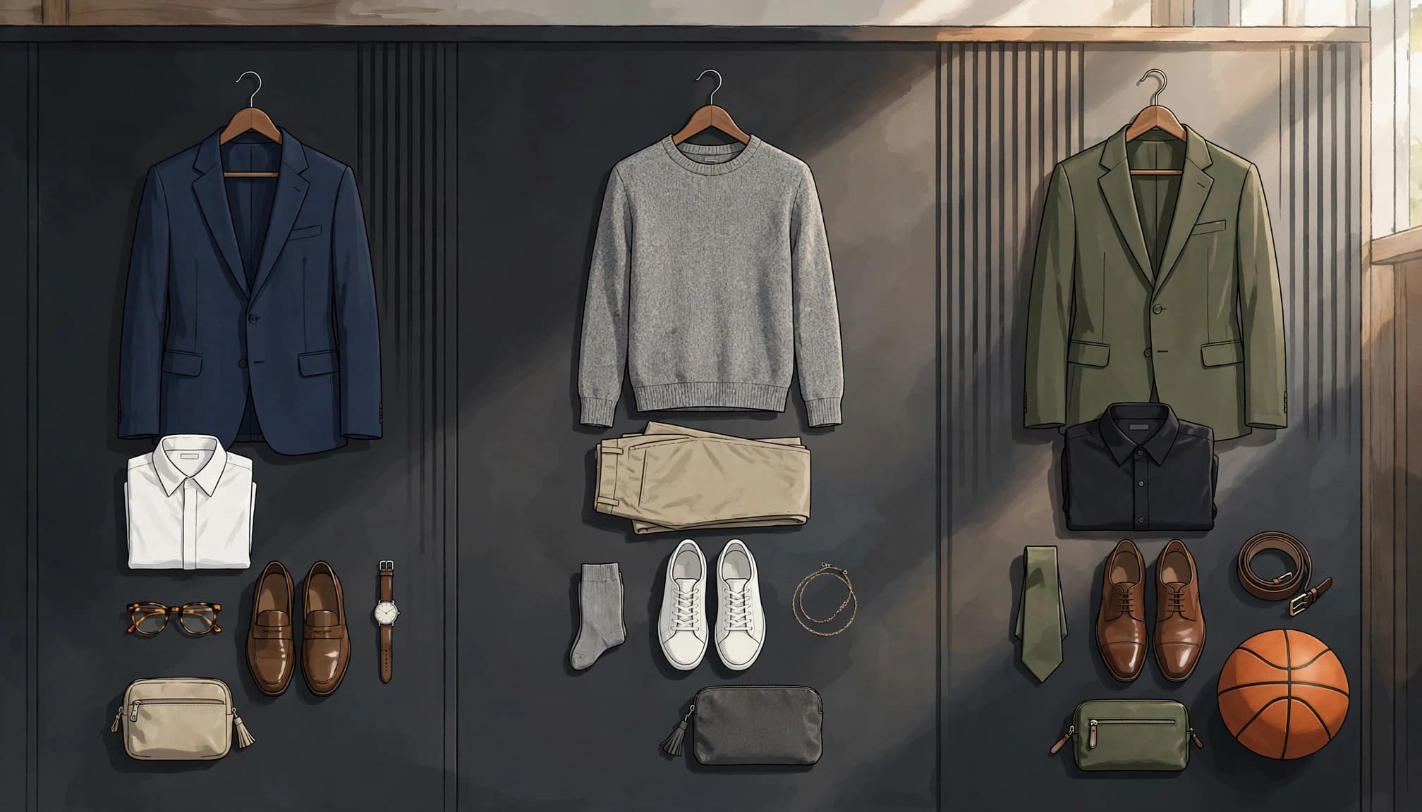 Three portrait outfits hang beside matching shoes, a touch-up pouch, and a sports ball.