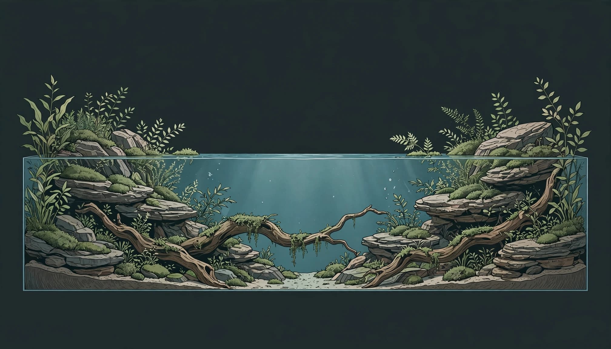 A planted aquarium with rocks, driftwood, plants, and open water across the center.