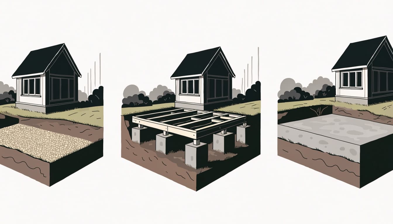 Three shed foundations are shown side by side: gravel, concrete piers, and a concrete slab.