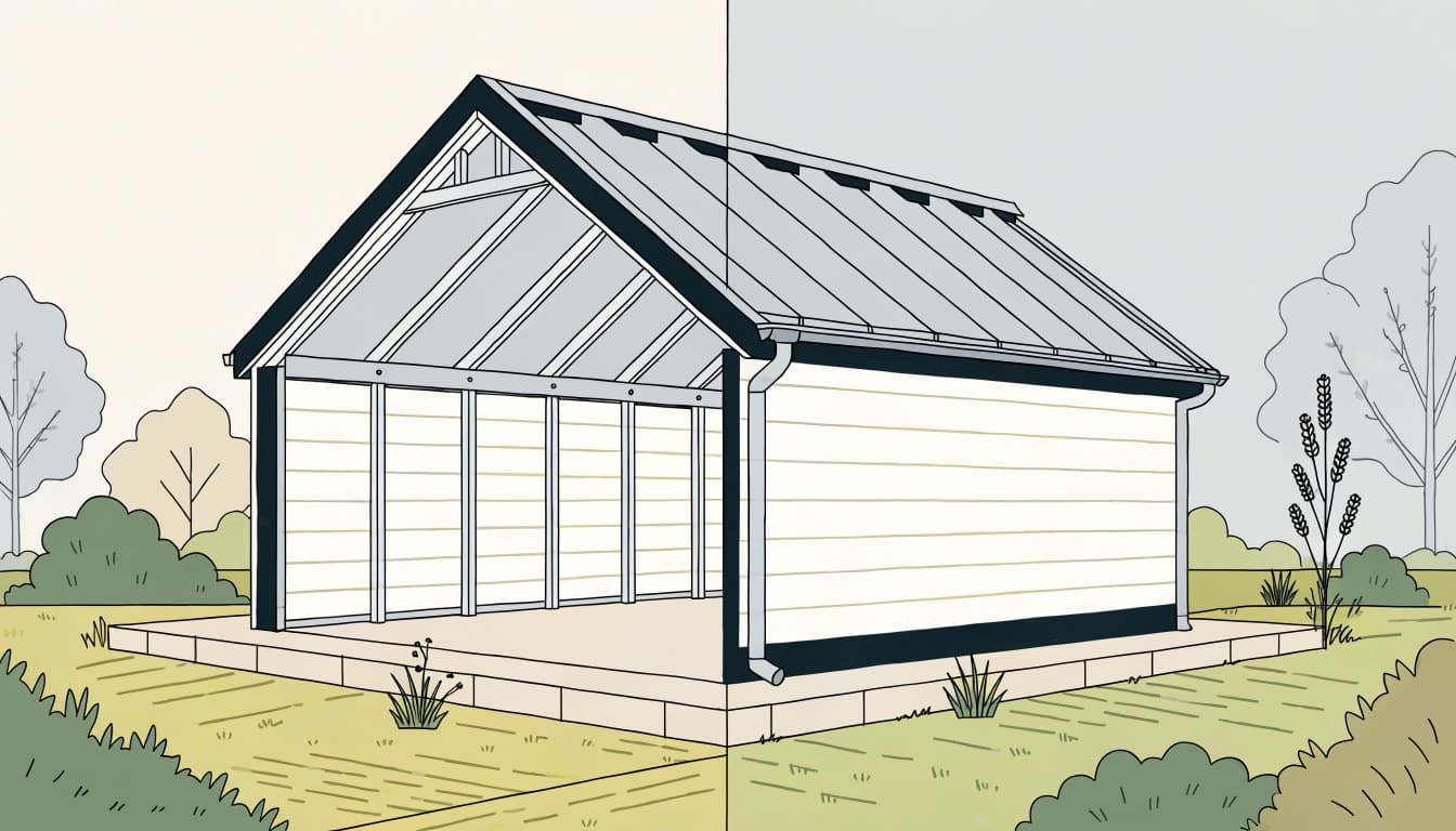 A cutaway shed compares gable and single-slope roofs with visible framing.