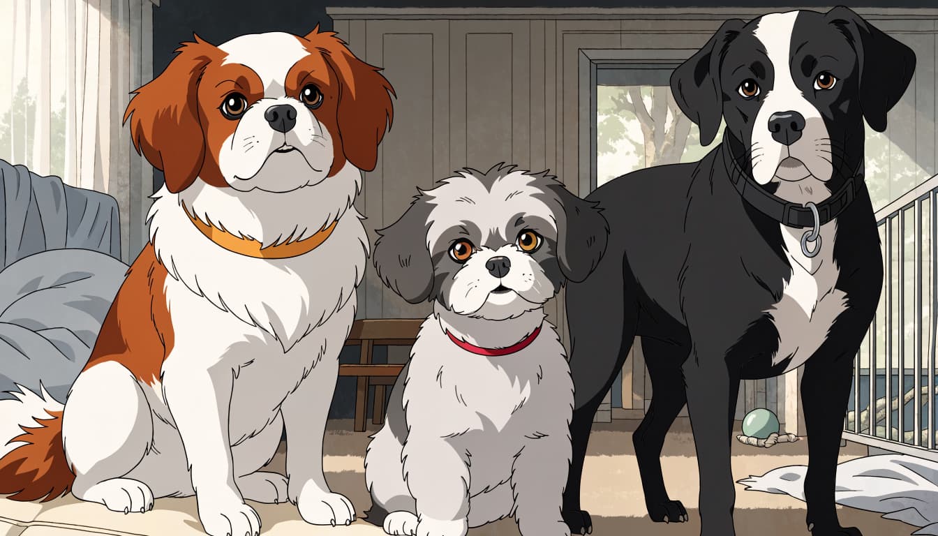 A small Shih Tzu puppy sits between two adult dogs beside soft blankets and a play gate.