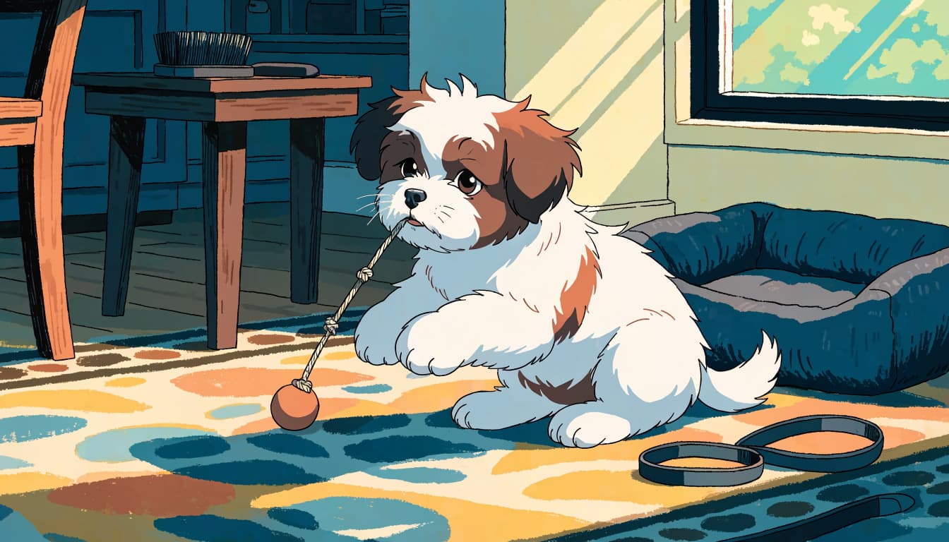A small puppy plays with a toy on a rug near a brush, leash, and dog bed.