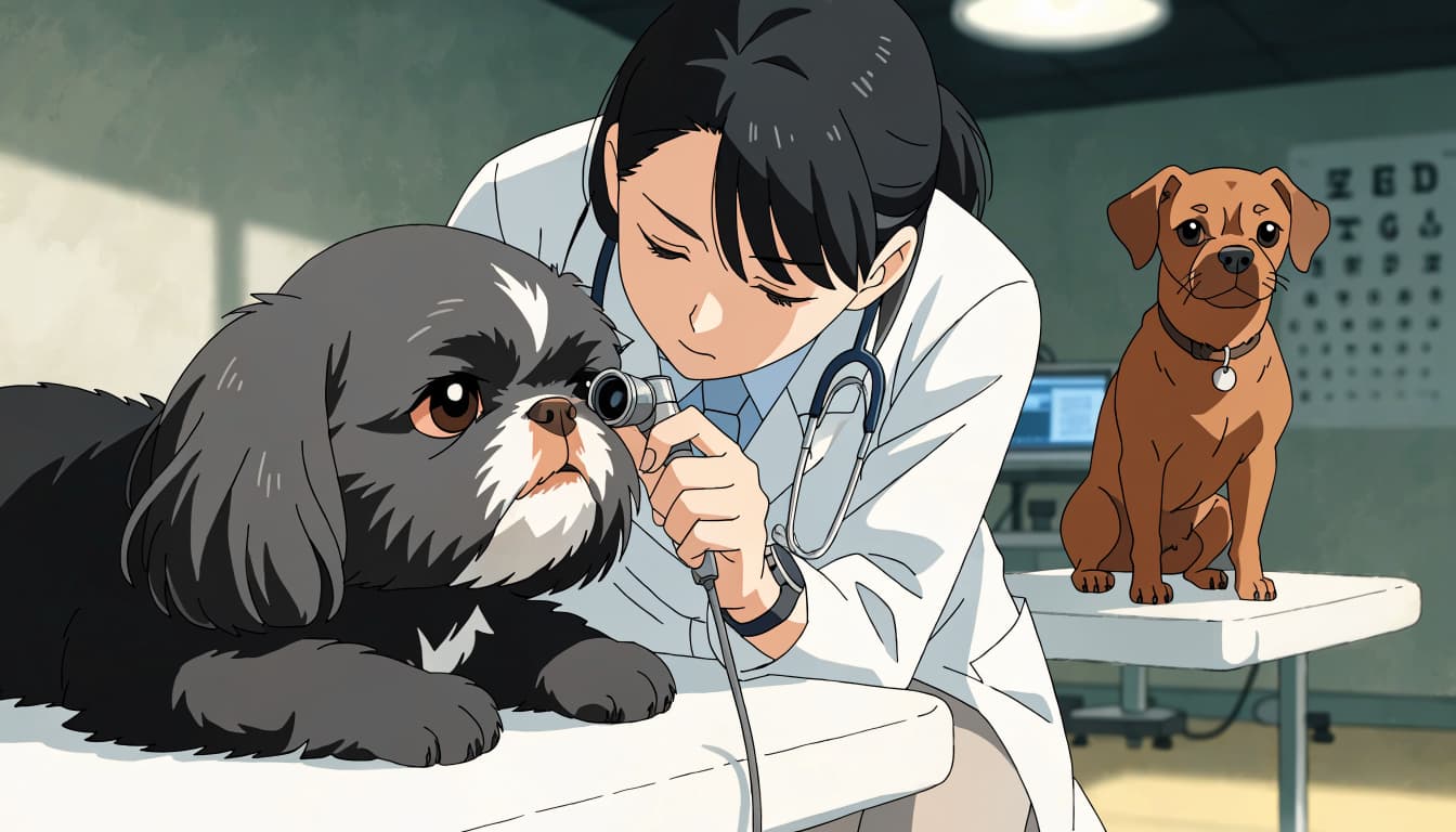 A veterinarian checks a Shih Tzu's eyes as another dog waits nearby.