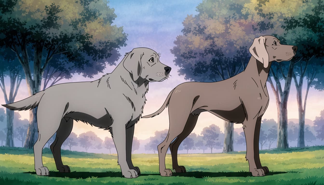 A silver-gray Labrador and a gray Weimaraner stand together in a grassy park at dawn.