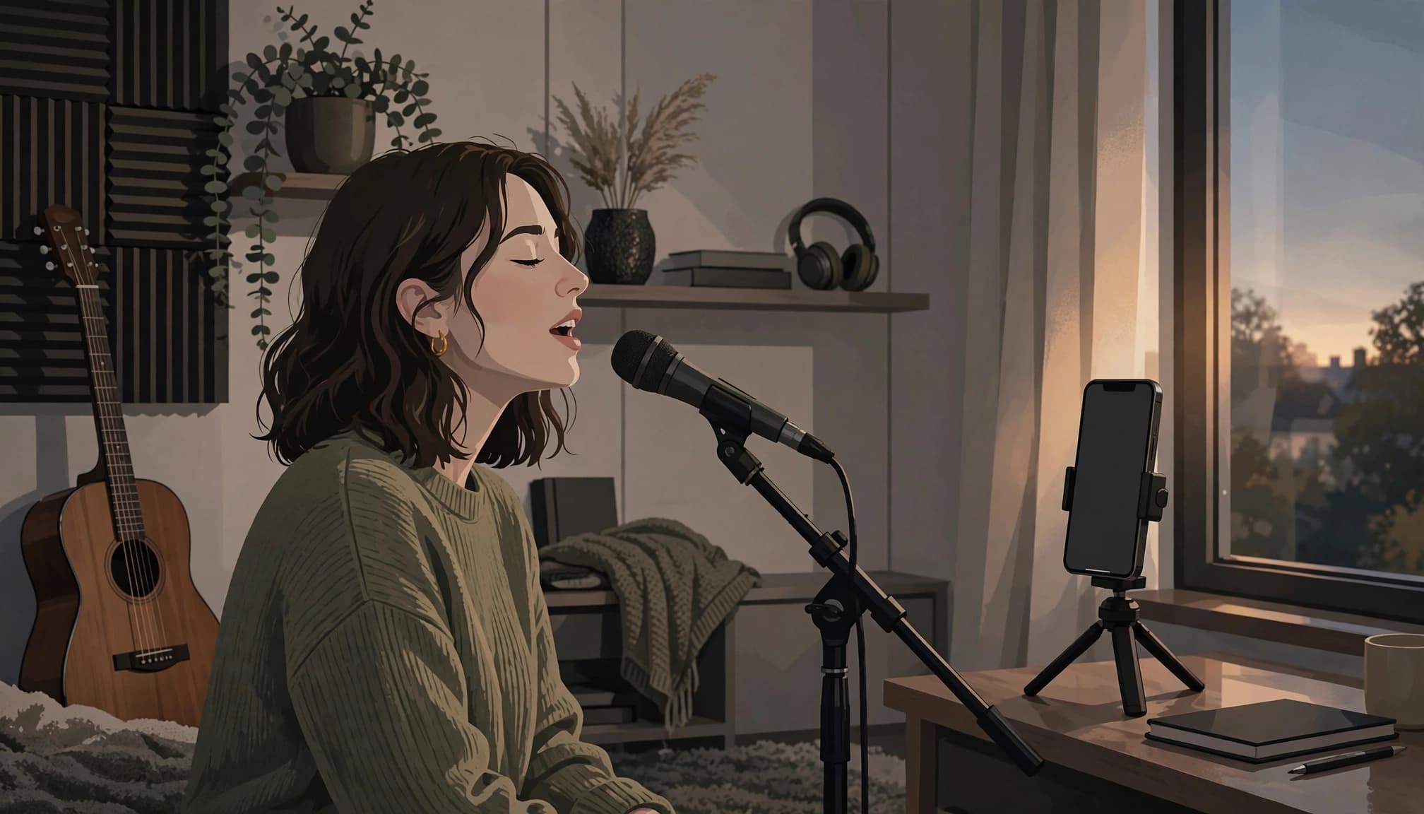A singer performs into a microphone beside a phone, guitar, and cozy bedroom furnishings.