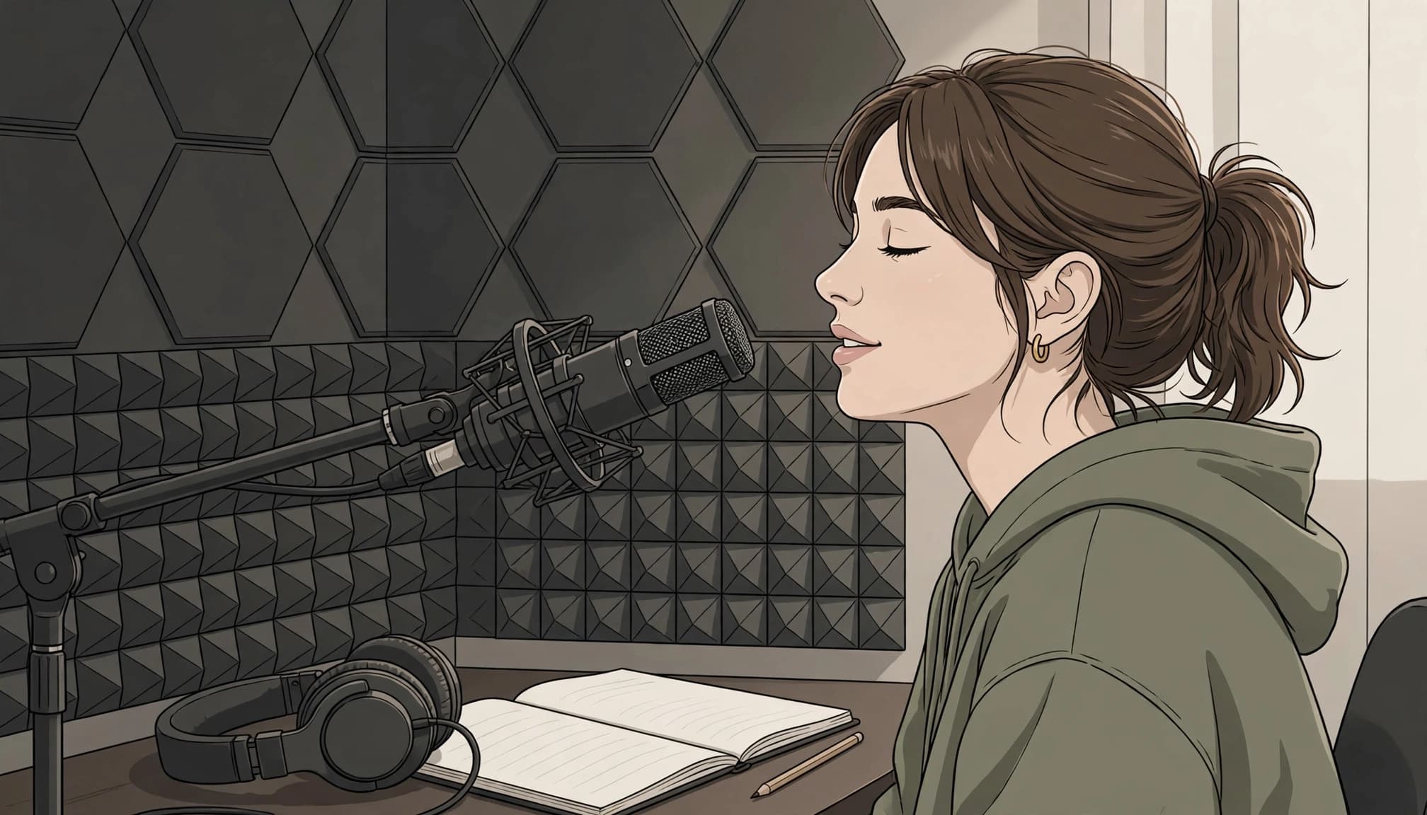 A female singer records at a microphone beside headphones and a songwriting notebook.