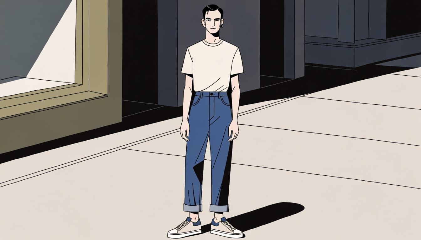 A slim man in a cream T-shirt, dark jeans, and sneakers stands on a city sidewalk.