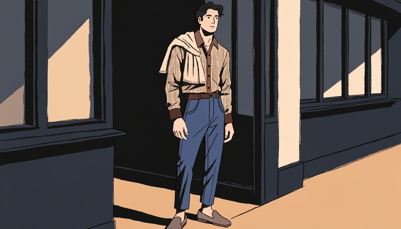 A young man in chinos and a button-up shirt stands outside a cafe.
