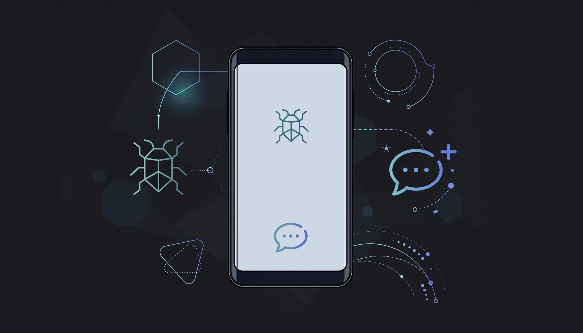 Centered smartphone with bug and support symbols on a dark geometric background.