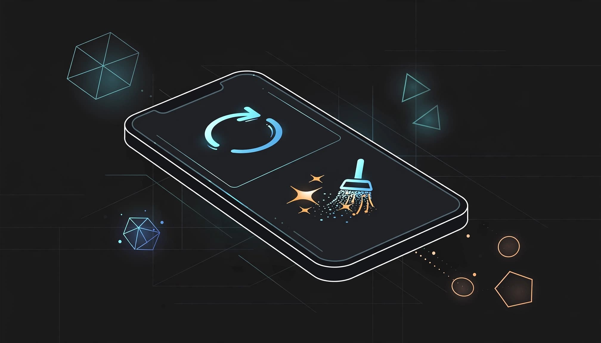Tilted smartphone with update and cache-cleaning symbols in a dark workspace.