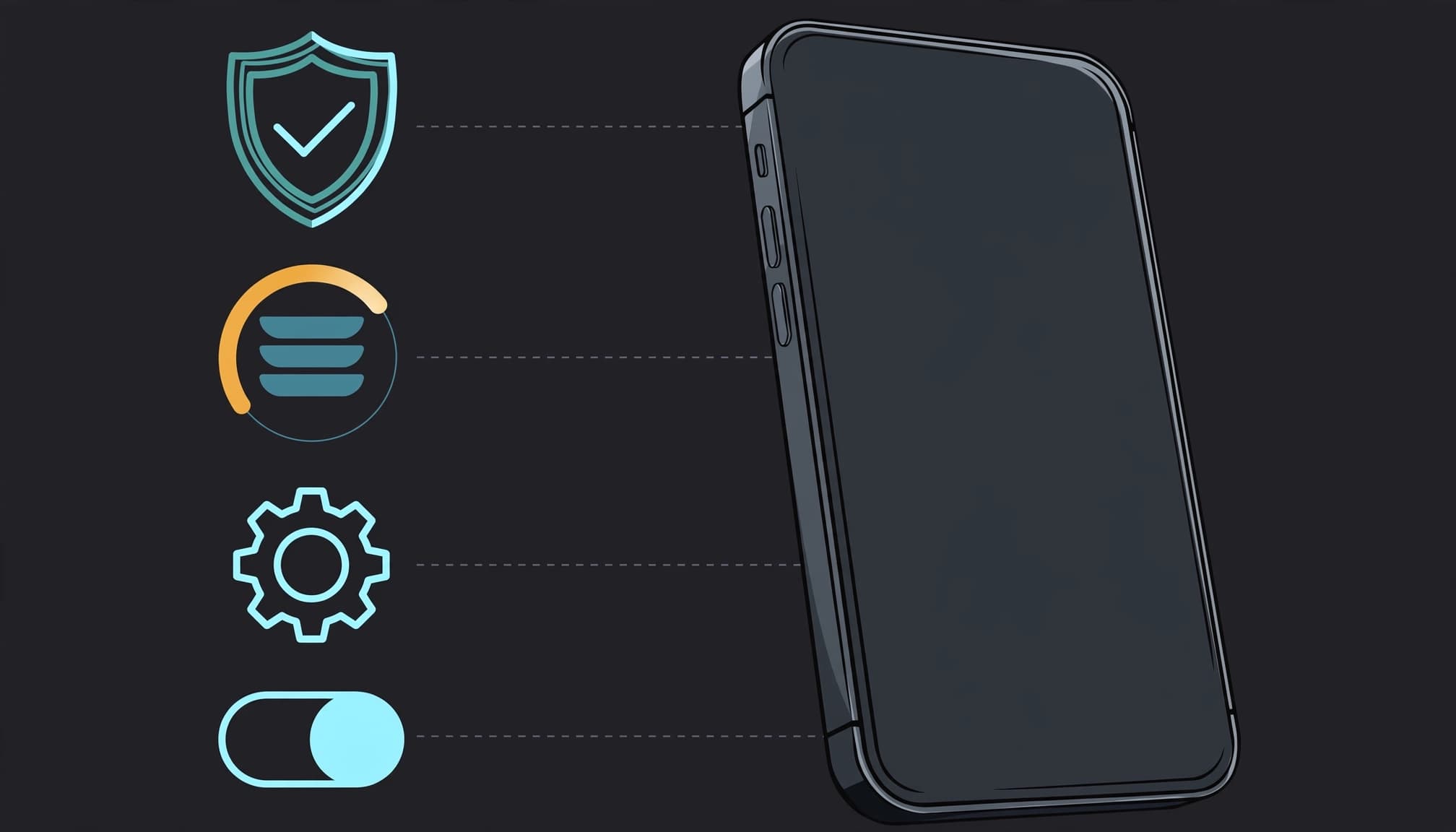 Smartphone beside permission and storage symbols in a dark settings interface.