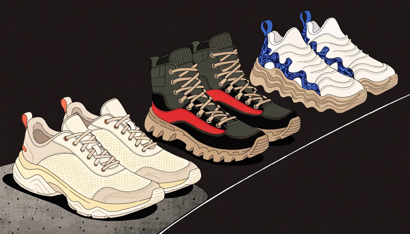 Mesh running shoes, sturdy boots, and chunky sneakers arranged diagonally on a textured floor.
