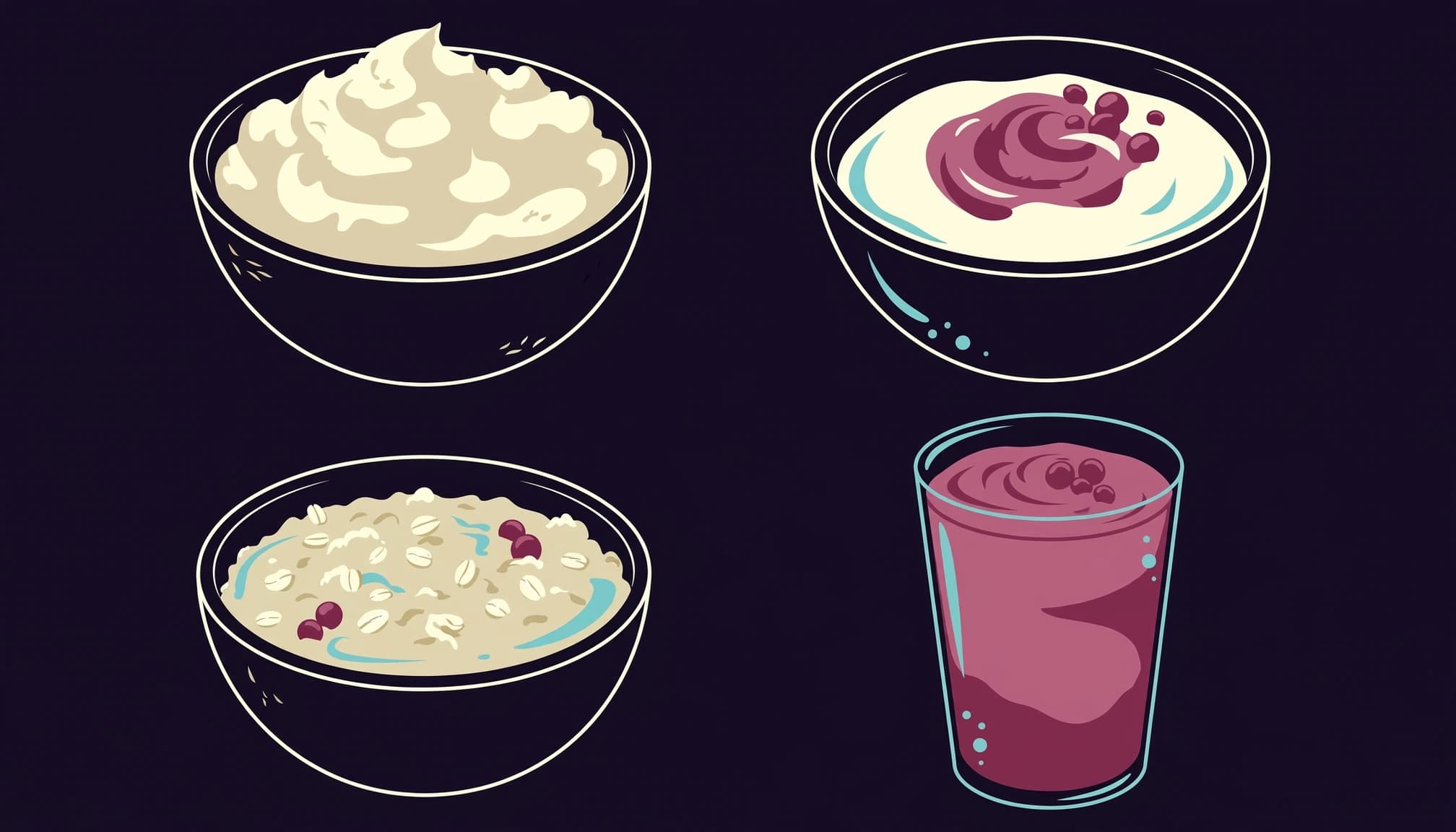 Mashed potatoes, yogurt, oatmeal, and a smoothie arranged on a dark tabletop.